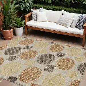 Photo of Tan Brown And Beige Geometric Washable Indoor Outdoor Area Rug