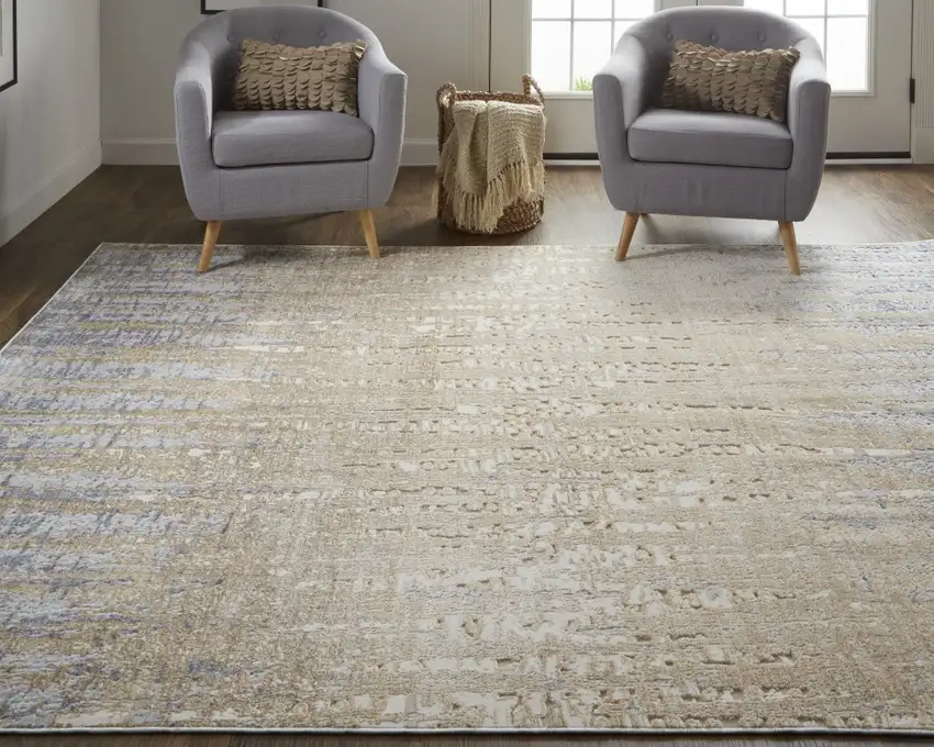 Tan Brown And Blue Abstract Power Loom Distressed Area Rug Photo 8