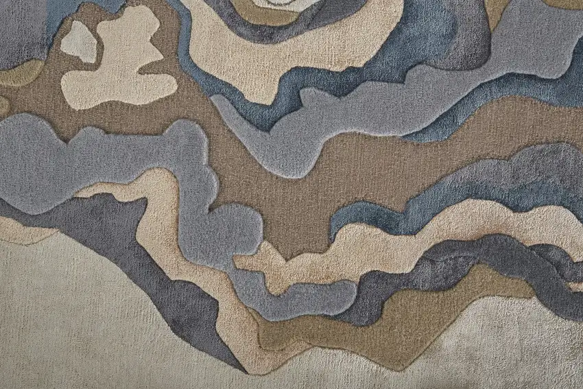 Tan Brown And Blue Wool Abstract Tufted Handmade Area Rug Photo 3