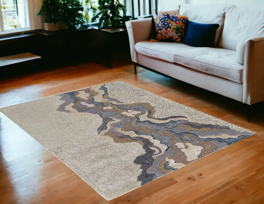 Tan and Brown Wool Abstract Hand Tufted Area Rug Photo 1
