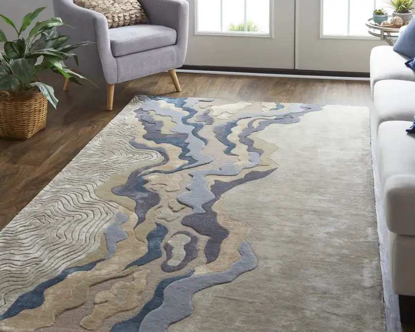 Tan Brown And Blue Wool Abstract Tufted Handmade Area Rug Photo 8