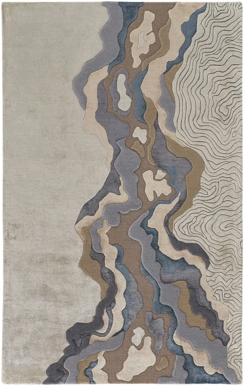 Tan Brown And Blue Wool Abstract Tufted Handmade Area Rug Photo 1