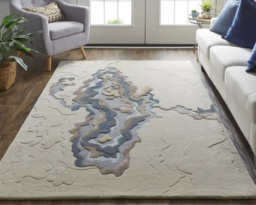 Tan Brown And Blue Wool Abstract Tufted Handmade Area Rug Photo 6