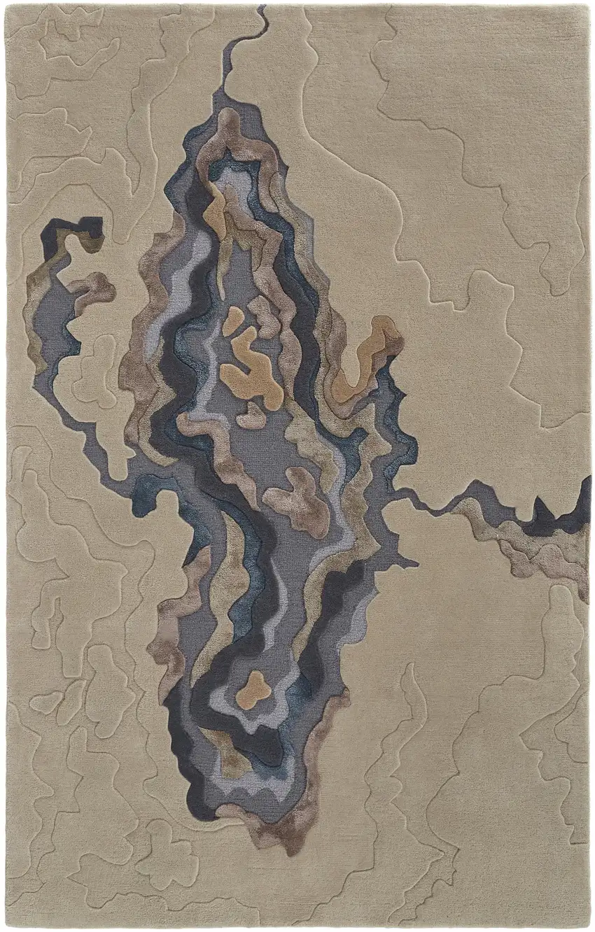 Tan Brown And Blue Wool Abstract Tufted Handmade Area Rug Photo 1