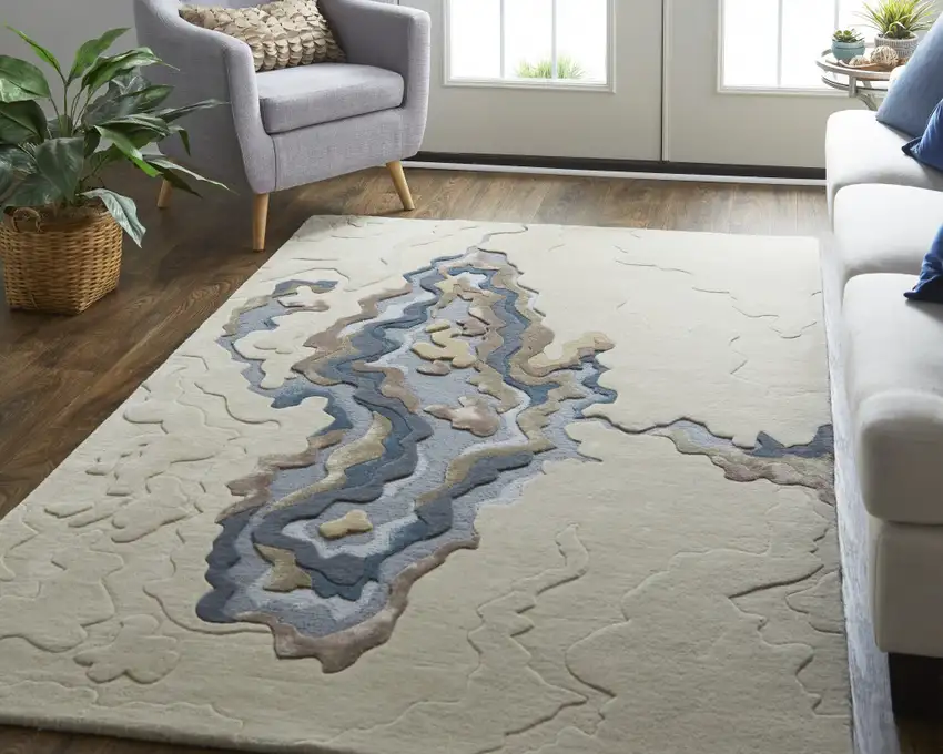 Tan Brown And Blue Wool Abstract Tufted Handmade Area Rug Photo 7