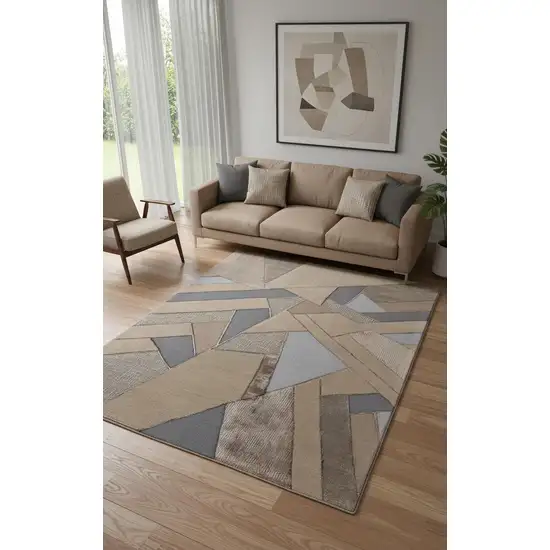 Tan Brown And Blue Wool Geometric Tufted Handmade Area Rug Photo 1