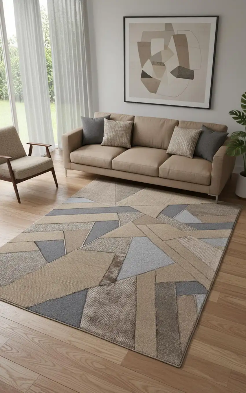 Tan Brown And Blue Wool Geometric Tufted Handmade Area Rug Photo 1