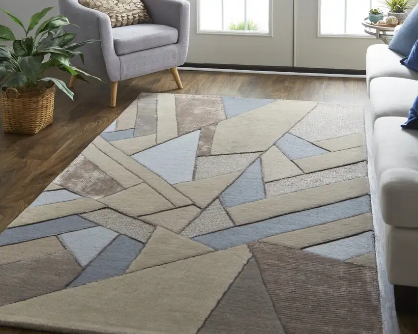 Tan Brown And Blue Wool Geometric Tufted Handmade Area Rug Photo 7