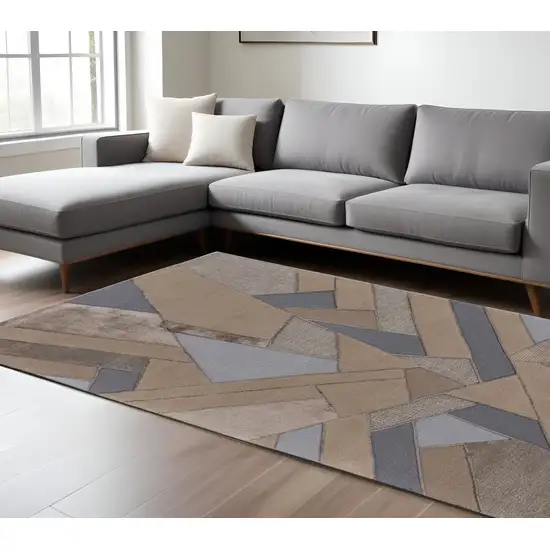 Tan Brown And Blue Wool Geometric Tufted Handmade Area Rug Photo 2