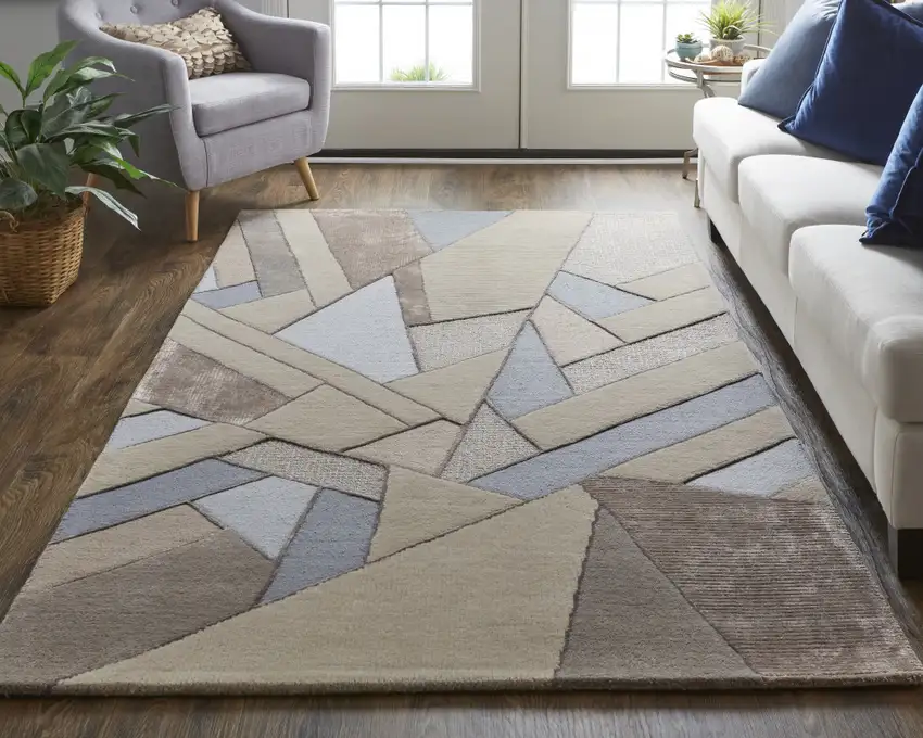 Tan Brown And Blue Wool Geometric Tufted Handmade Area Rug Photo 2
