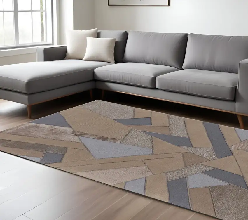 Tan Brown And Blue Wool Geometric Tufted Handmade Area Rug Photo 2