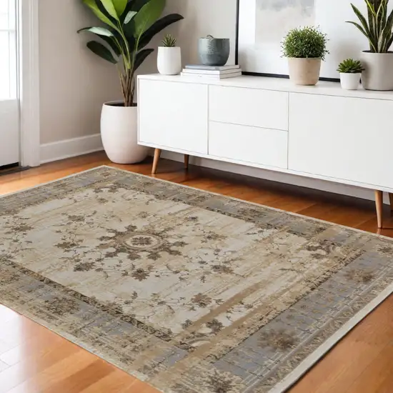 Tan Brown And Gray Oriental Distressed Area Rug Photo 1