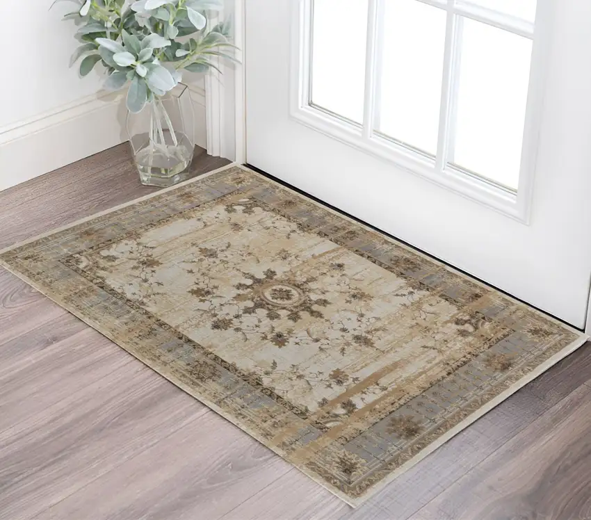 Tan Brown And Gray Power Loom Distressed Area Rug Photo 1