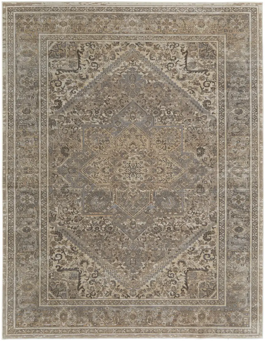 Tan Brown And Ivory Floral Power Loom Distressed Area Rug Photo 1
