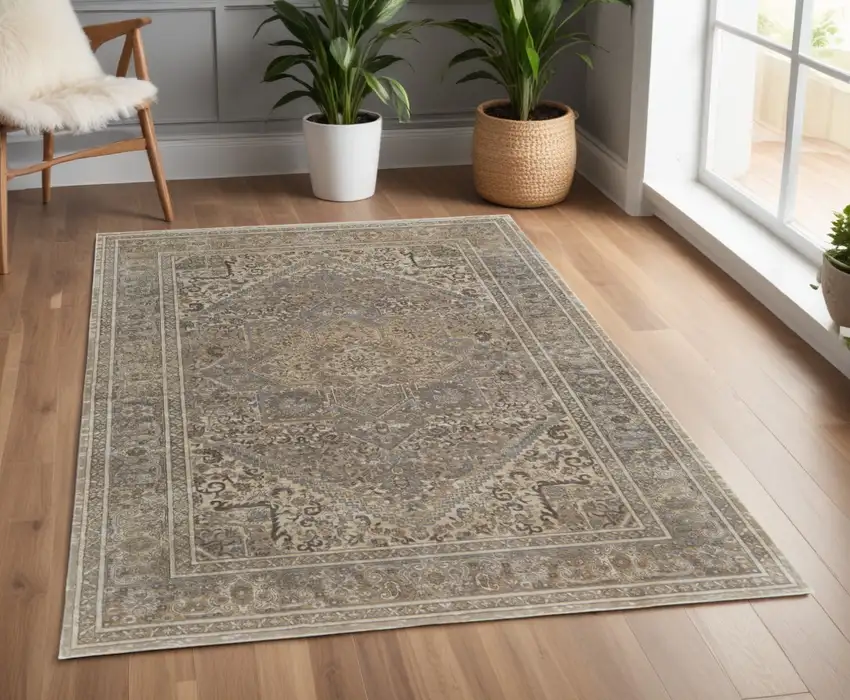 Tan and Brown Floral Power Loom Distressed Non Skid Area Rug Photo 1