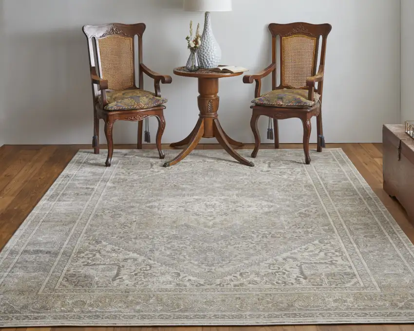 Tan Brown And Ivory Floral Power Loom Distressed Area Rug Photo 7