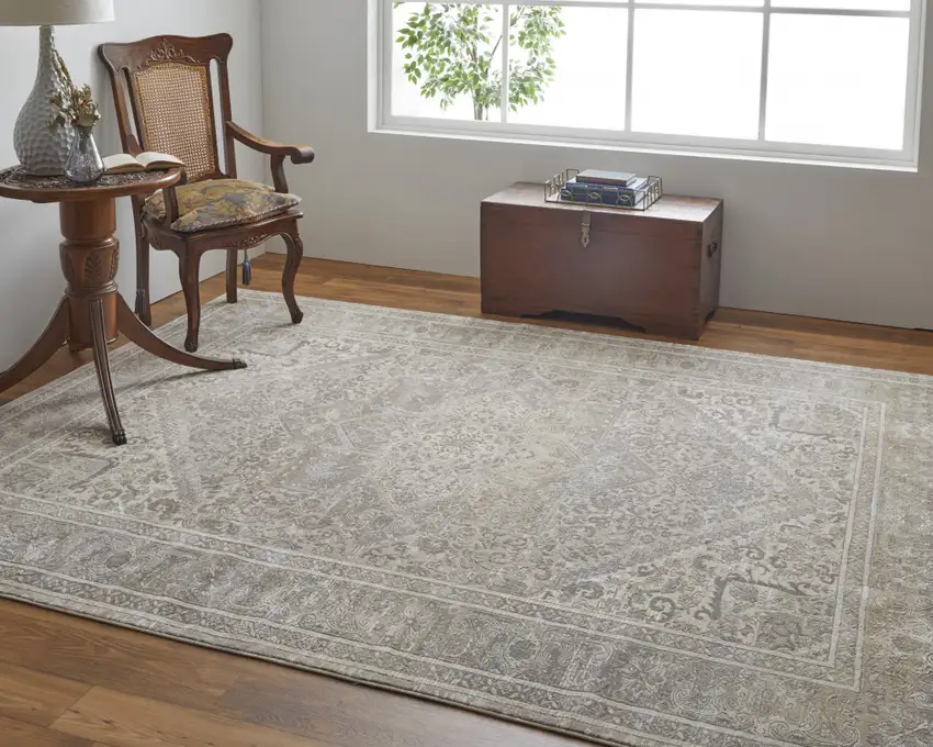 Tan Brown And Ivory Floral Power Loom Distressed Area Rug Photo 8