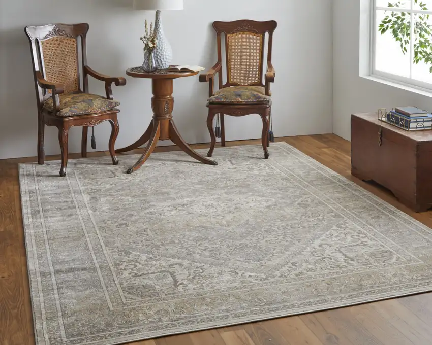 Tan Brown And Ivory Floral Power Loom Distressed Area Rug Photo 6