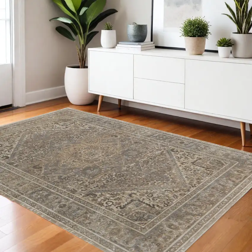 Tan Brown And Gray Medallion Distressed Area Rug Photo 1