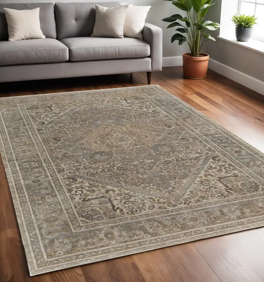 Tan Brown And Ivory Floral Power Loom Distressed Area Rug Photo 1