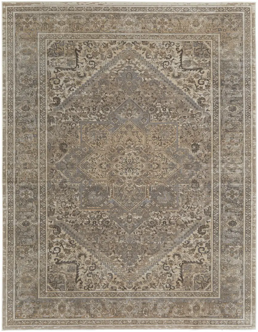 Tan Brown And Ivory Floral Power Loom Distressed Area Rug Photo 1