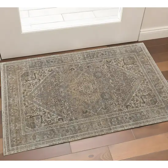 Tan Brown And Gray Medallion Distressed Area Rug Photo 1