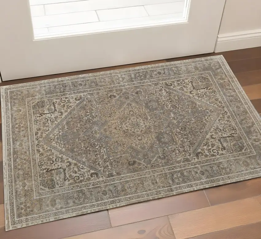 Tan Brown And Gray Medallion Distressed Area Rug Photo 1