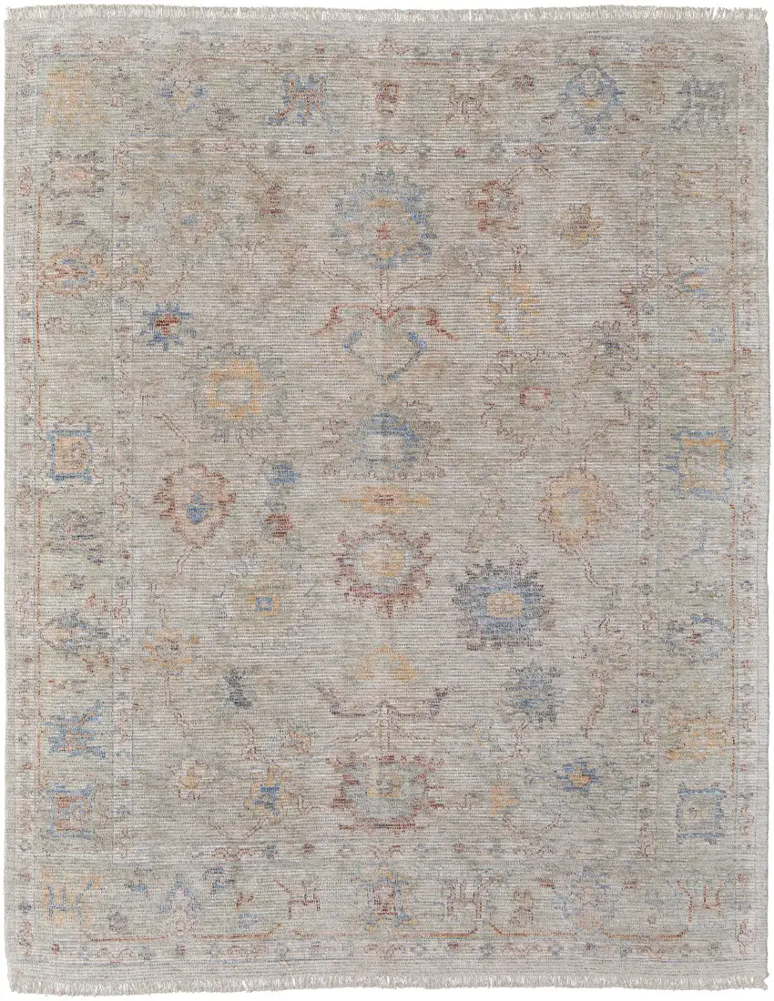 Tan Brown and Blue Floral Hand Woven Distressed Area Rug With Fringe Photo 2