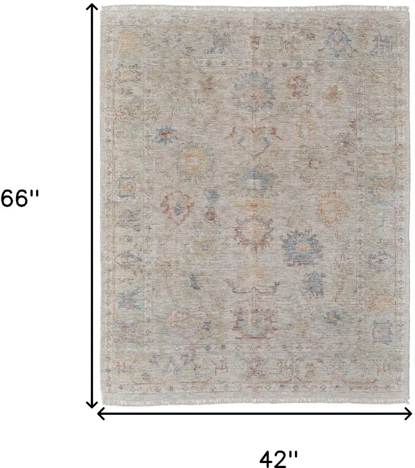 Tan Brown and Blue Floral Hand Woven Distressed Area Rug With Fringe Photo 3