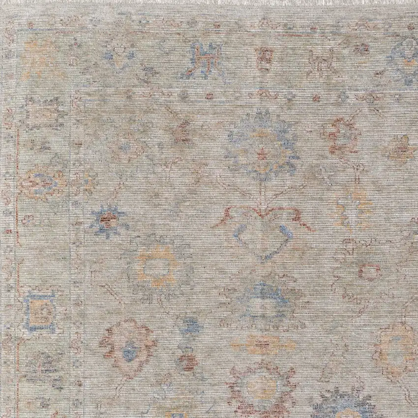 Tan Brown and Blue Floral Hand Woven Distressed Area Rug With Fringe Photo 9