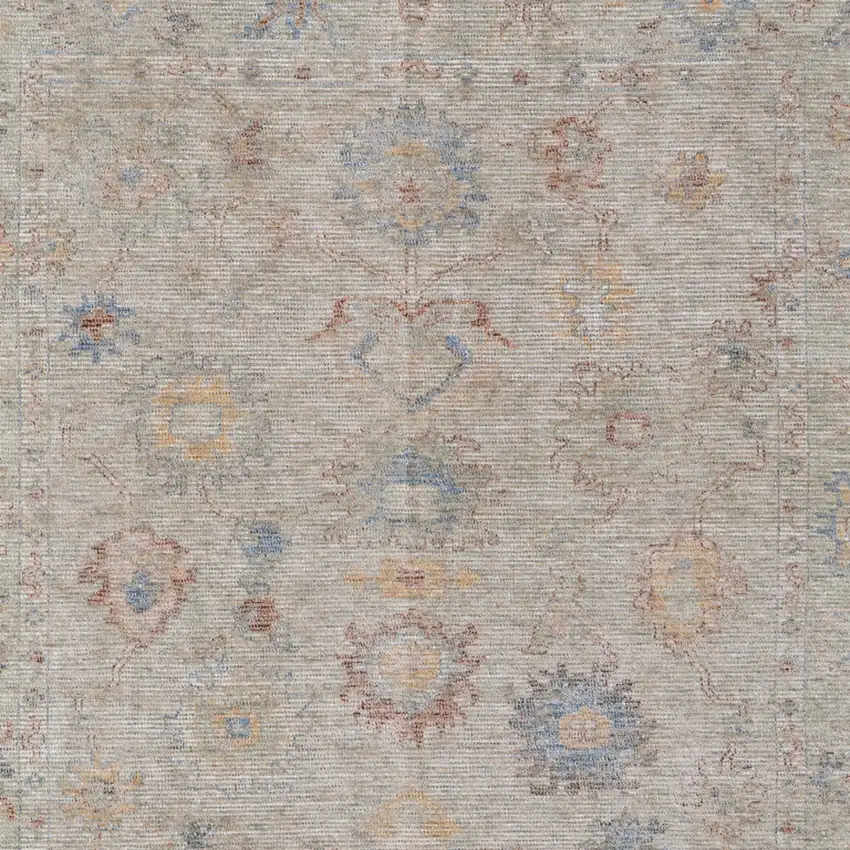 Tan Brown and Blue Floral Hand Woven Distressed Area Rug With Fringe Photo 9