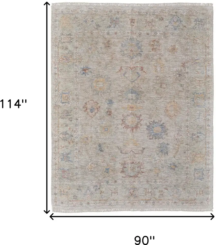 Tan Brown and Blue Floral Hand Woven Distressed Area Rug With Fringe Photo 3