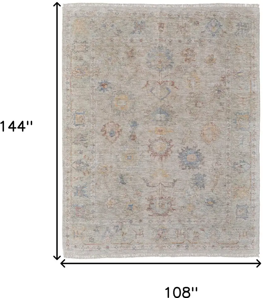 Tan Brown and Blue Floral Hand Woven Distressed Area Rug With Fringe Photo 3