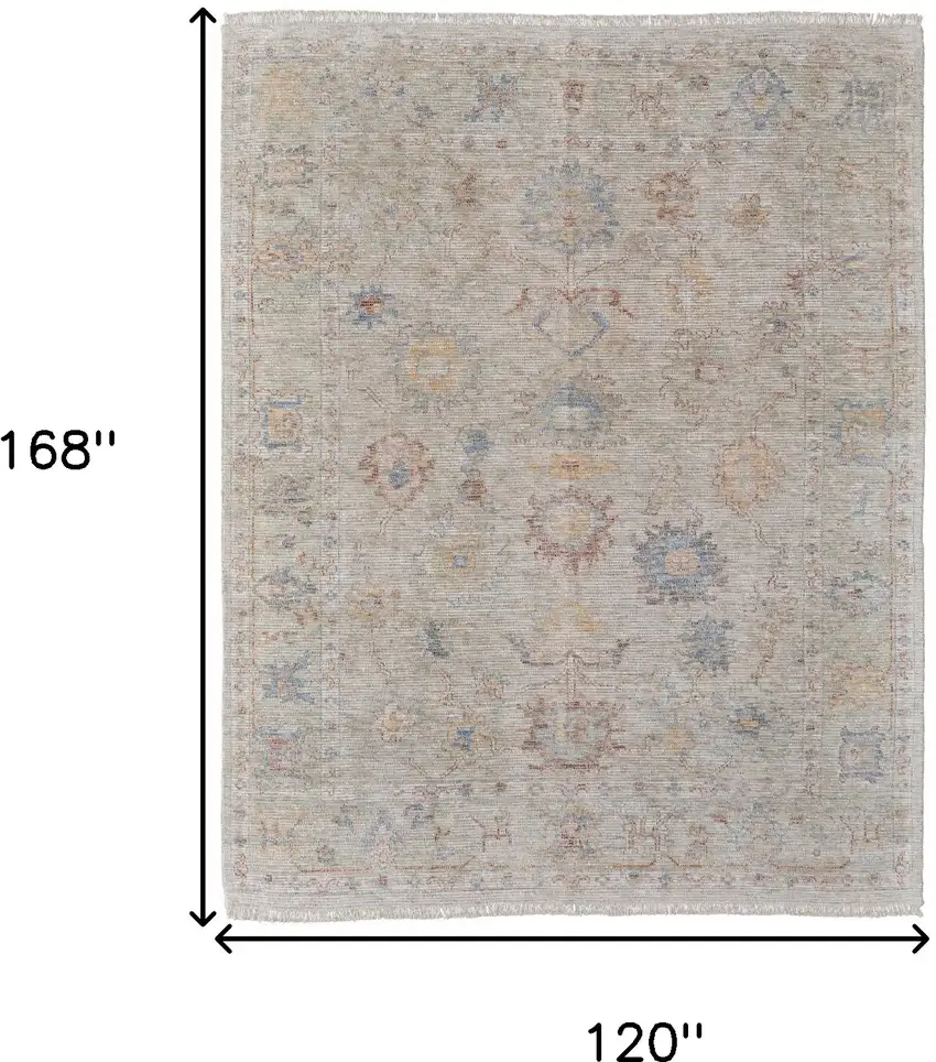 Tan Brown and Blue Floral Hand Woven Distressed Area Rug With Fringe Photo 3