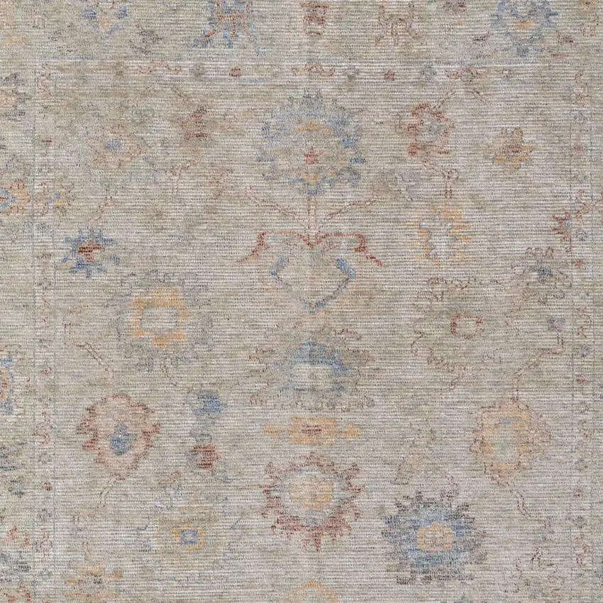 Tan Brown and Blue Floral Hand Woven Distressed Area Rug With Fringe Photo 9
