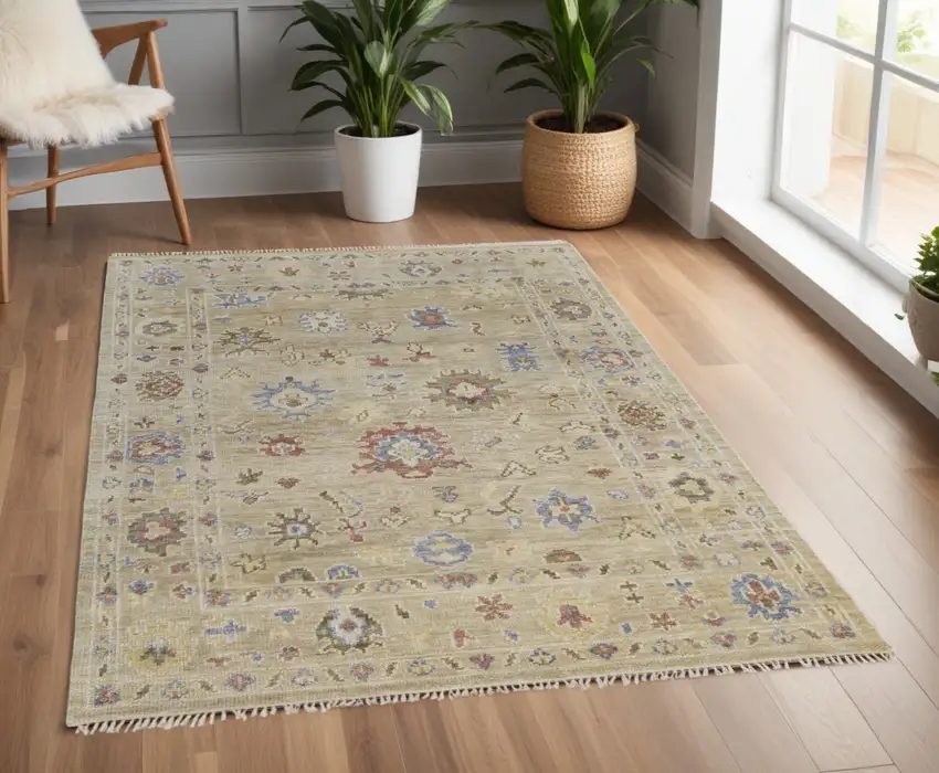 Tan Brown and Blue Wool Floral Hand Knotted Area Rug With Fringe Photo 1