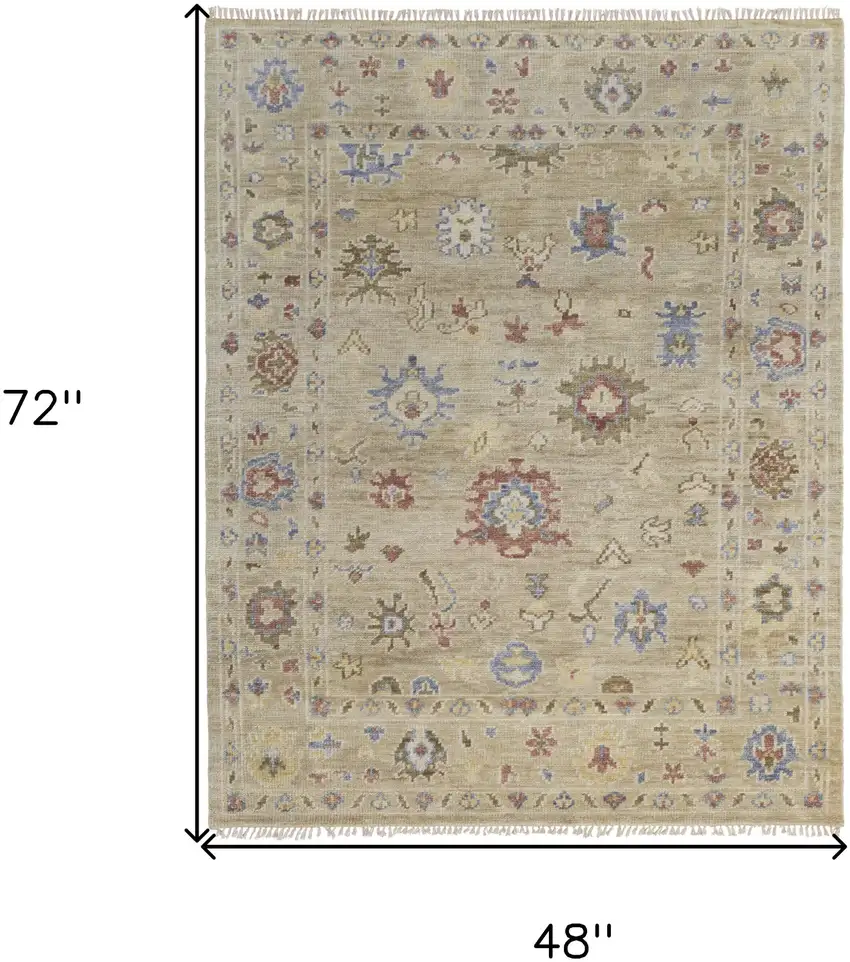 Tan Brown and Blue Wool Floral Hand Knotted Area Rug With Fringe Photo 3