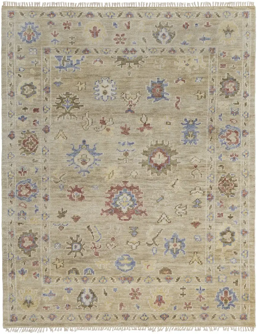Tan Brown and Blue Wool Floral Hand Knotted Area Rug With Fringe Photo 4
