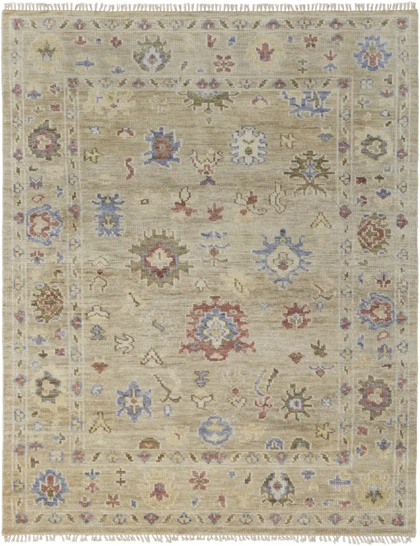Tan Brown and Blue Wool Floral Hand Knotted Area Rug With Fringe Photo 5