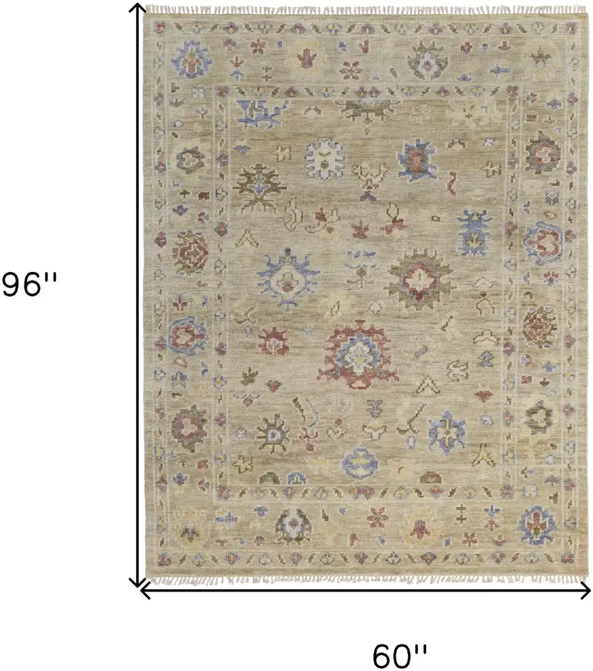 Tan Brown and Blue Wool Floral Hand Knotted Area Rug With Fringe Photo 3