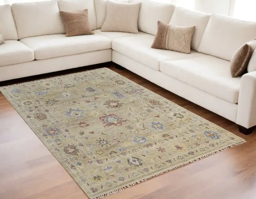 Tan Brown and Blue Wool Floral Hand Knotted Area Rug With Fringe Photo 1