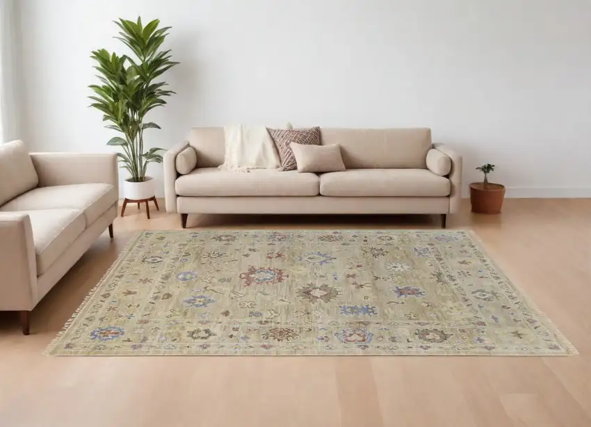 Tan Brown and Blue Wool Floral Hand Knotted Area Rug With Fringe Photo 1