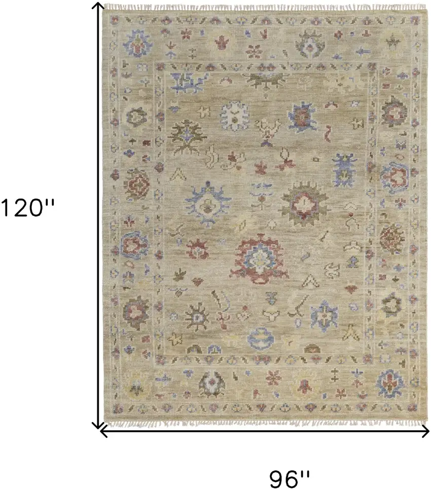 Tan Brown and Blue Wool Floral Hand Knotted Area Rug With Fringe Photo 3