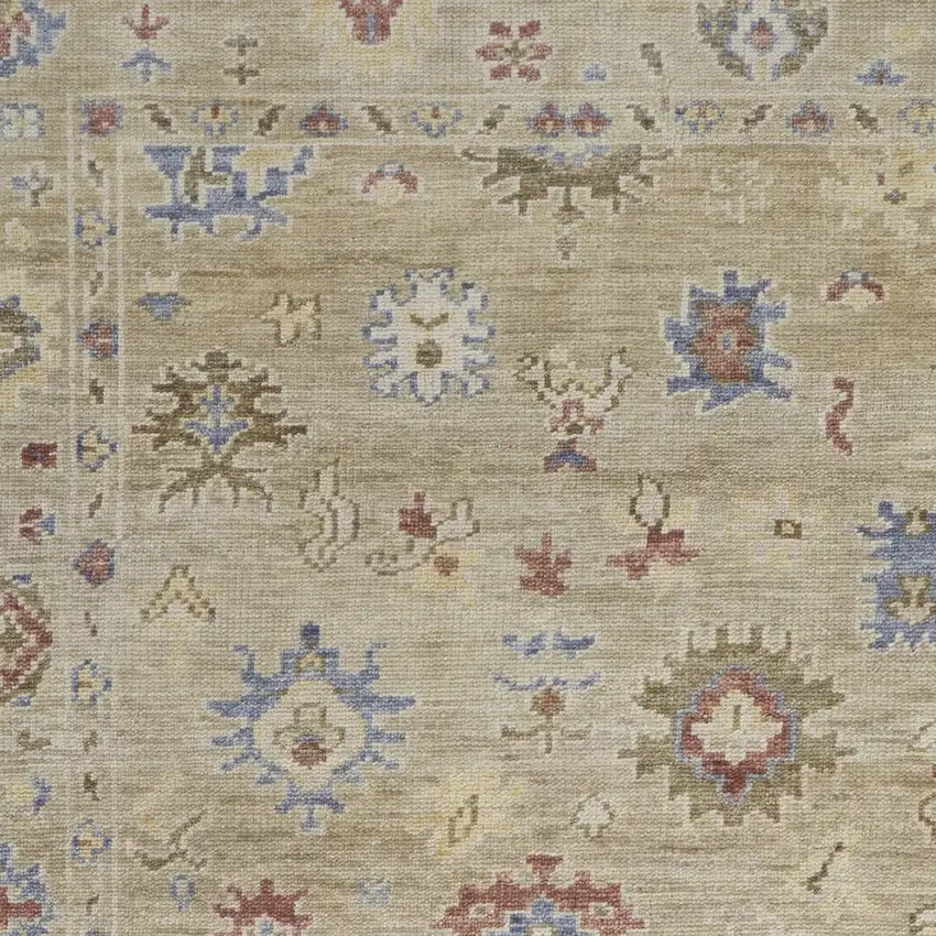 Tan Brown and Blue Wool Floral Hand Knotted Area Rug With Fringe Photo 6