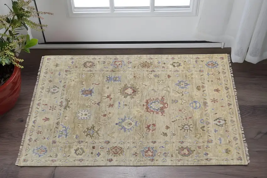 Tan Brown and Blue Wool Floral Hand Knotted Area Rug With Fringe Photo 1