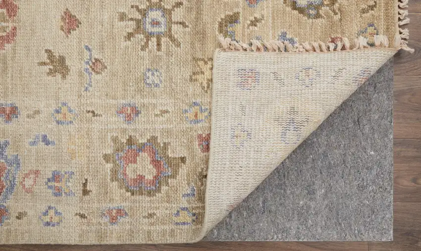 Tan Brown and Blue Wool Floral Hand Knotted Area Rug With Fringe Photo 8