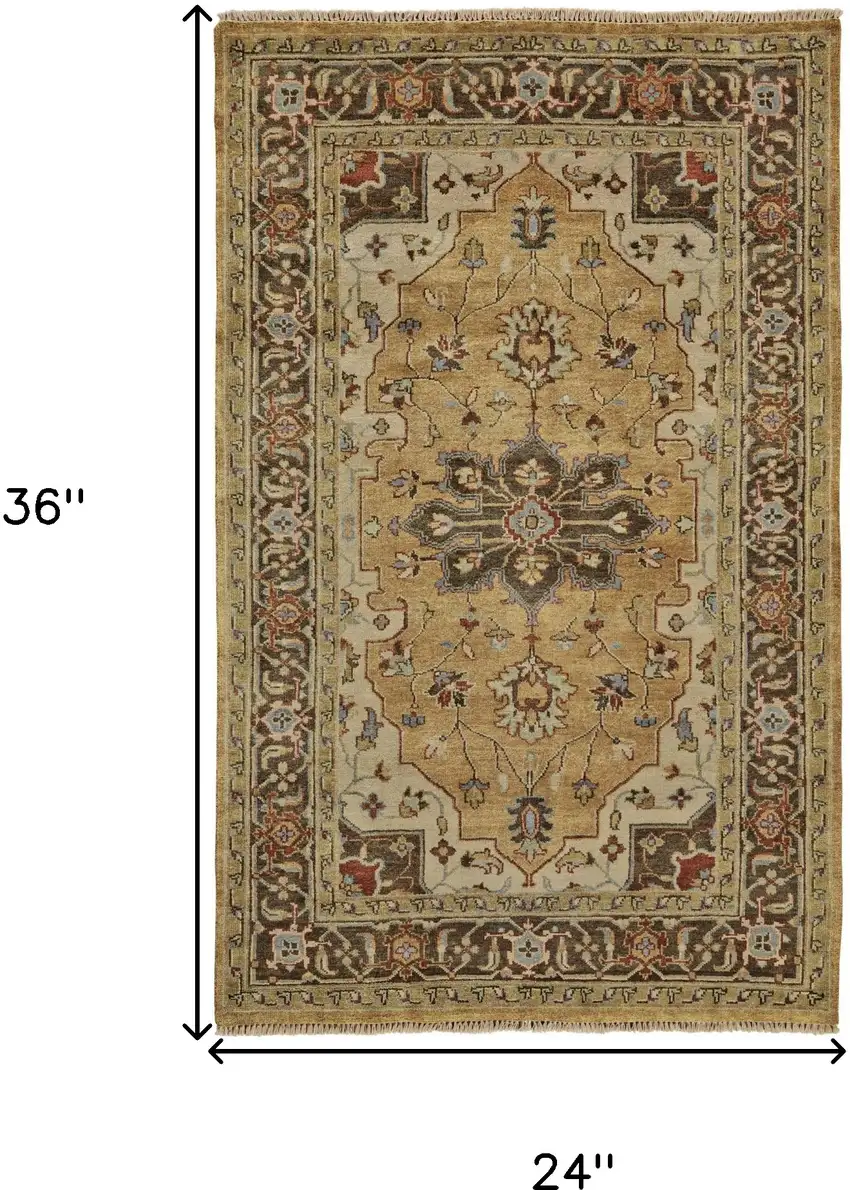 Tan Brown and Gold Wool Oriental Hand Knotted Area Rug Photo 3