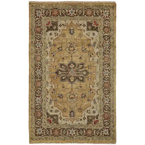 Tan Brown and Gold Wool Oriental Hand Knotted Area Rug Photo 2