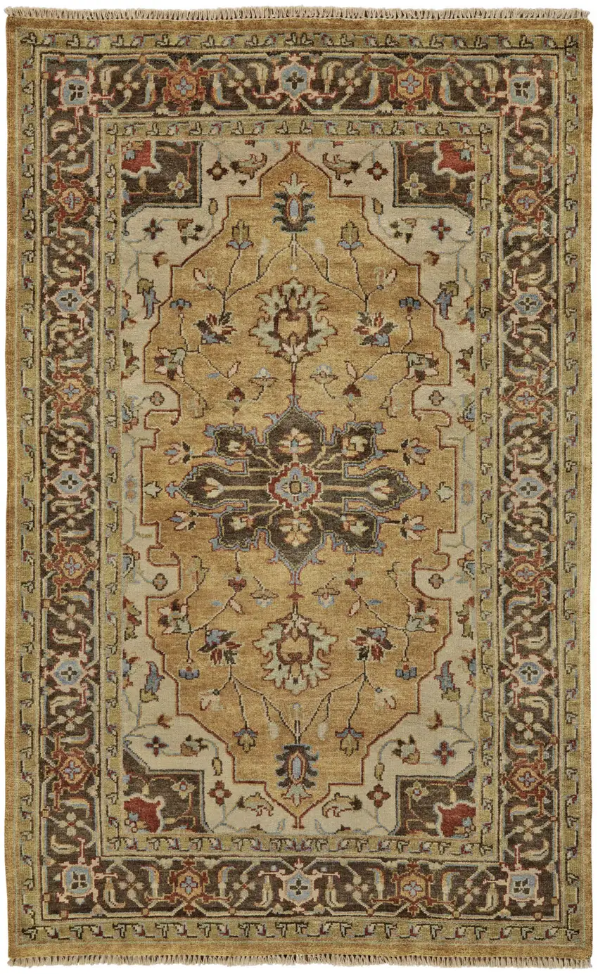 Tan Brown and Gold Wool Oriental Hand Knotted Area Rug Photo 2