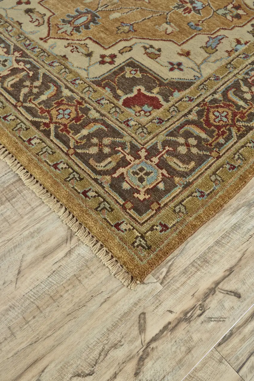 Tan Brown and Gold Wool Oriental Hand Knotted Area Rug Photo 5